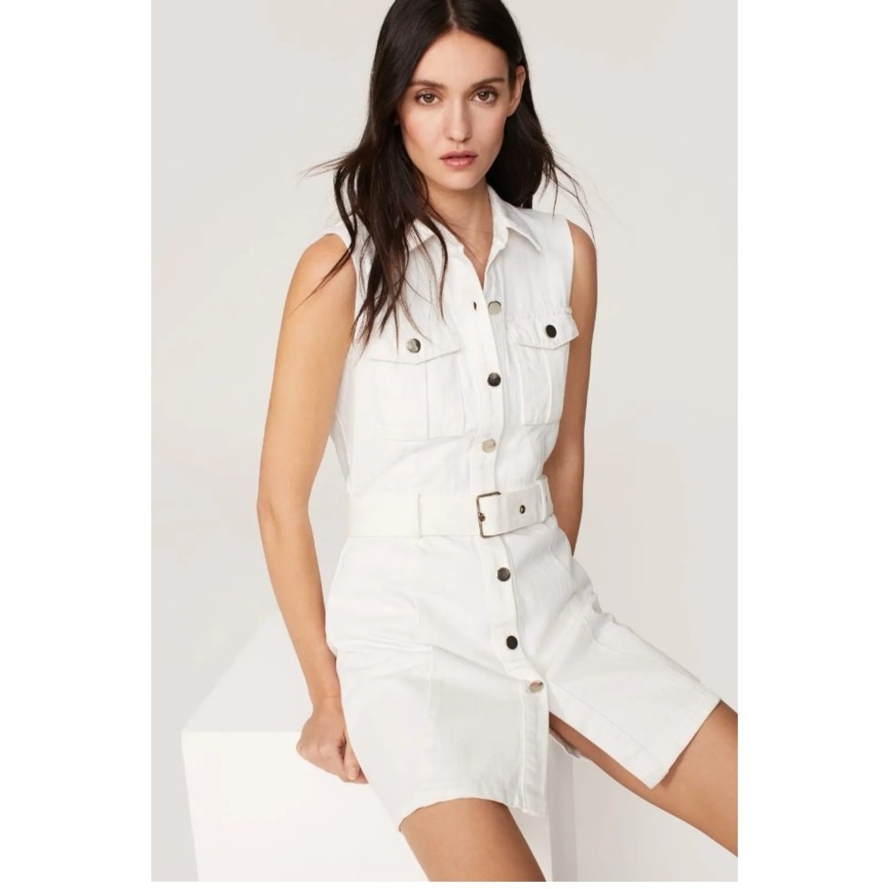 Area Stars Dress Womens Large White Denim Belted Button Front Sleeveless Utility